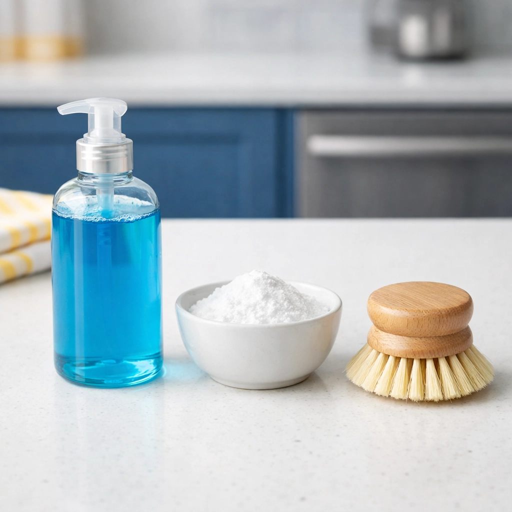 Essential cleaning supplies for degreasing a range hood filter including soap and baking soda.