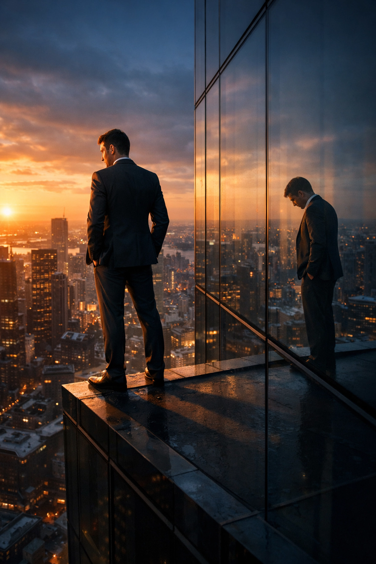 Investor overlooking cityscape symbolizing confidence and hidden vulnerabilities in portfolio management