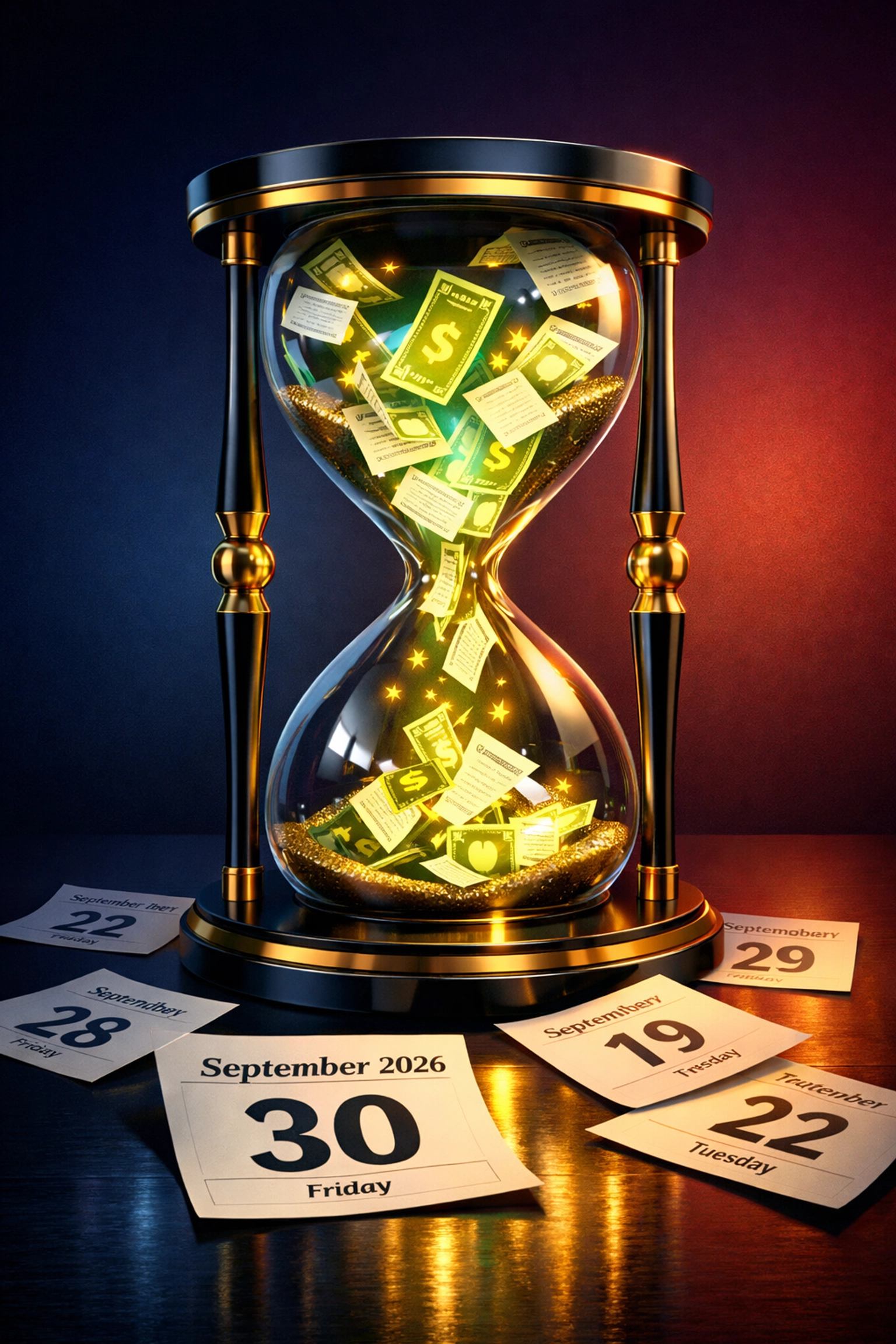 Hourglass showing time running out for EB-5 investment deadline with documents and money flowing through