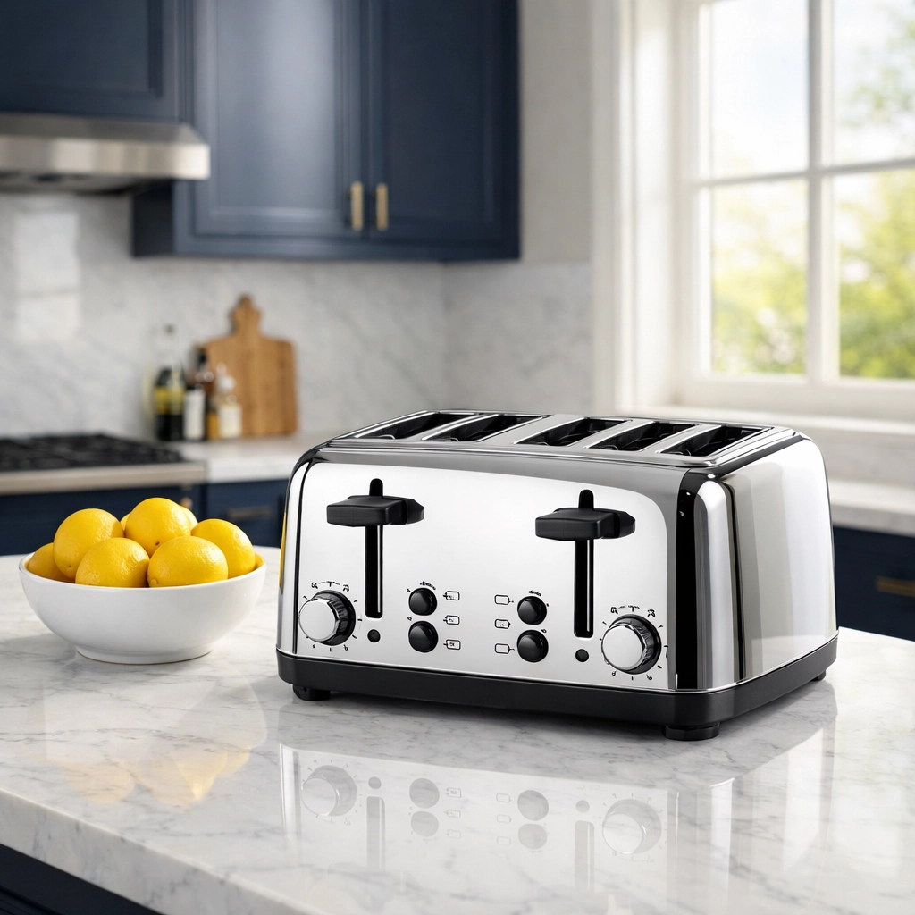 Sleek chrome toaster on a clean marble countertop, a key part of an effective weekly house cleaning routine.