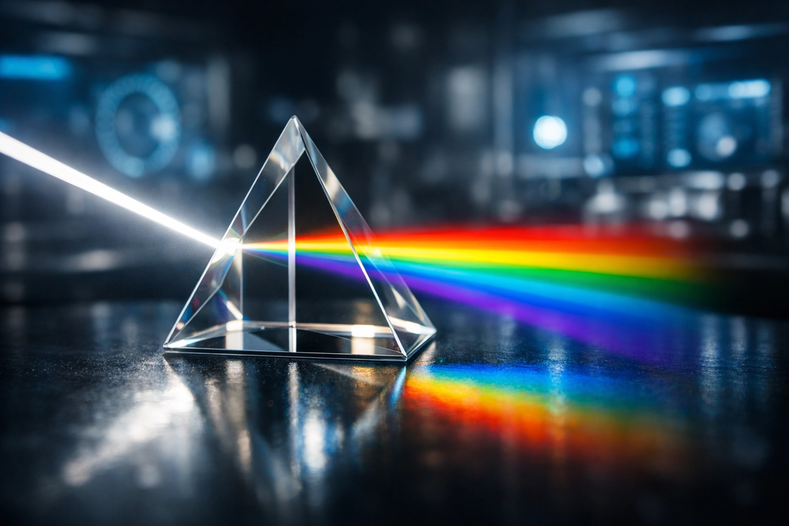 A glass prism splitting light into a spectrum, representing AI transparency and algorithmic fairness for small businesses.