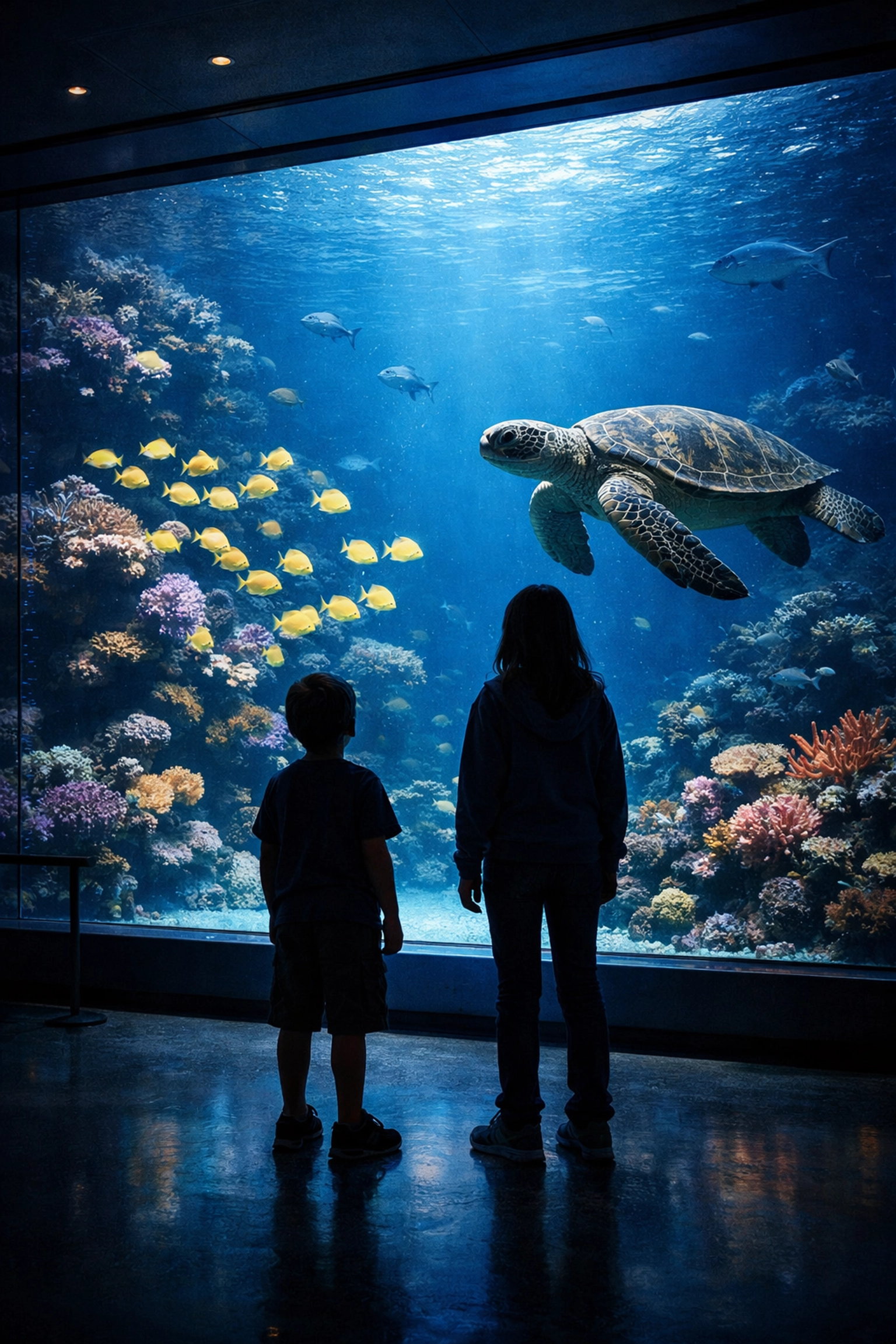 Two kids looking at a large aquarium tank, showing engaging indoor museum activities for families.