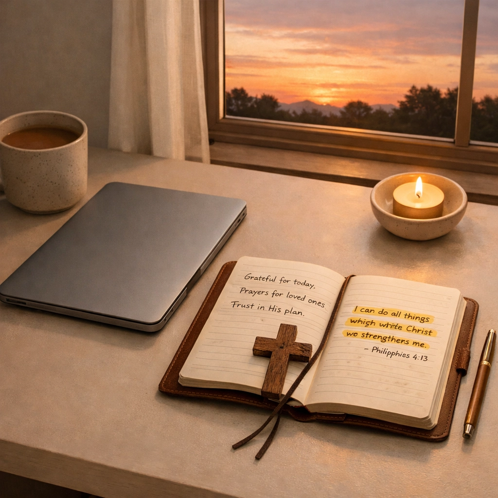 Clean desk with closed laptop and journal showing Bible verse at peaceful sunset