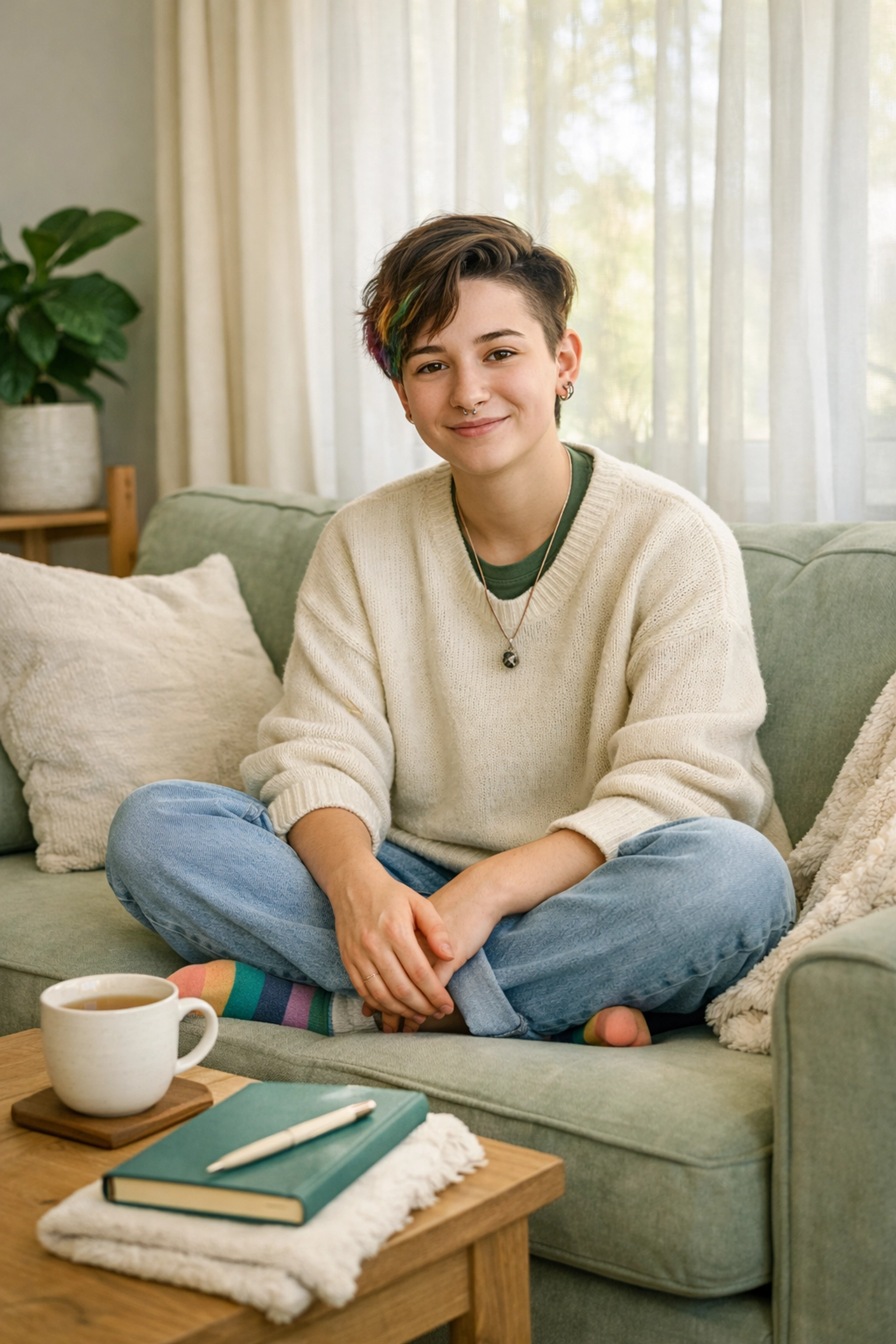 LGBTQ+ person in therapy session working through social anxiety and finding healing