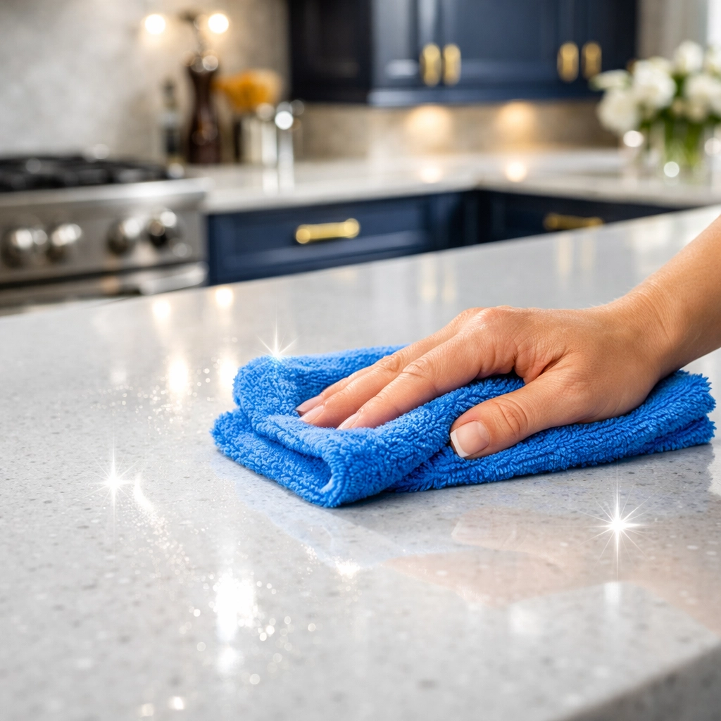 Expert house cleaning Lowell MA team using a microfiber cloth to polish a high-end white quartz countertop.