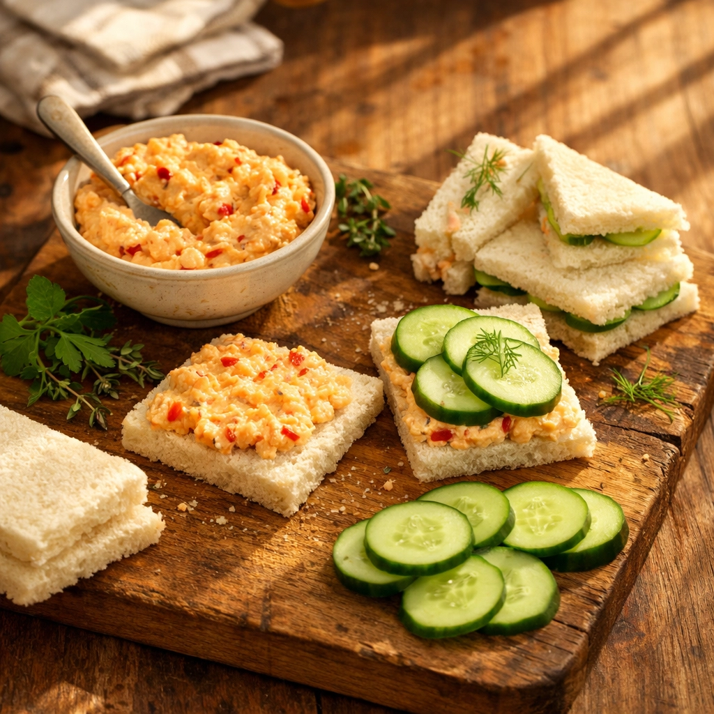 Southern tea sandwich ingredients including pimento cheese, cucumbers, and fresh herbs on wooden board