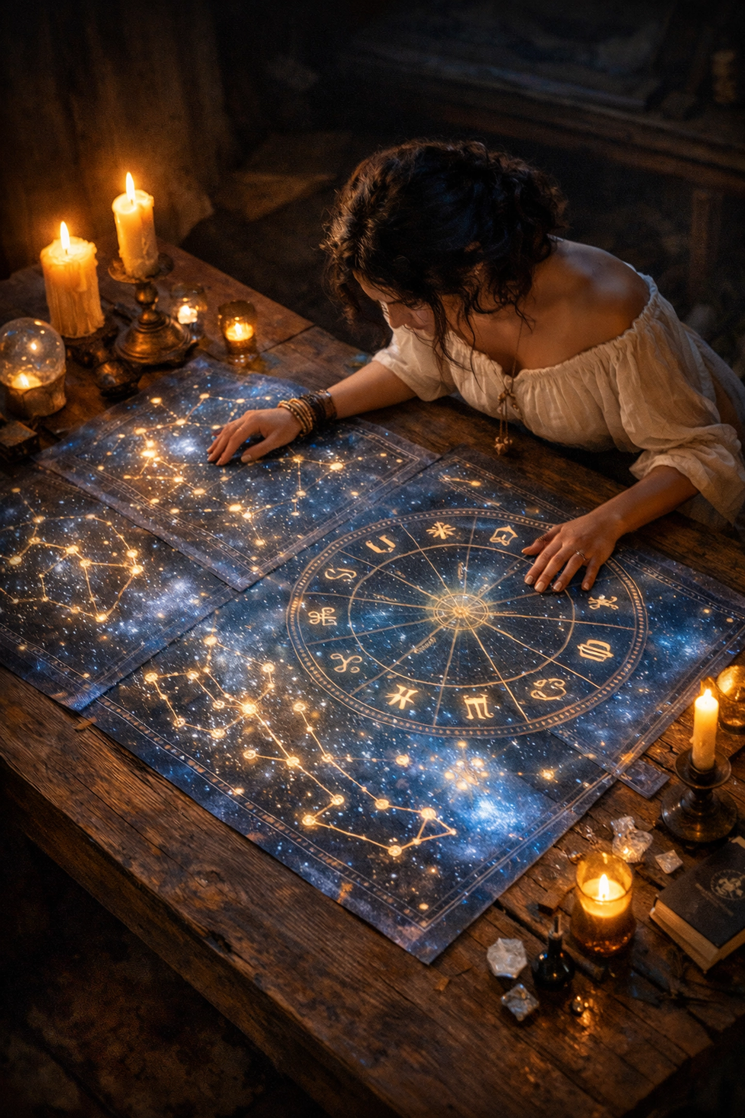 Woman examining architectural blueprints featuring astrological houses and zodiac maps.