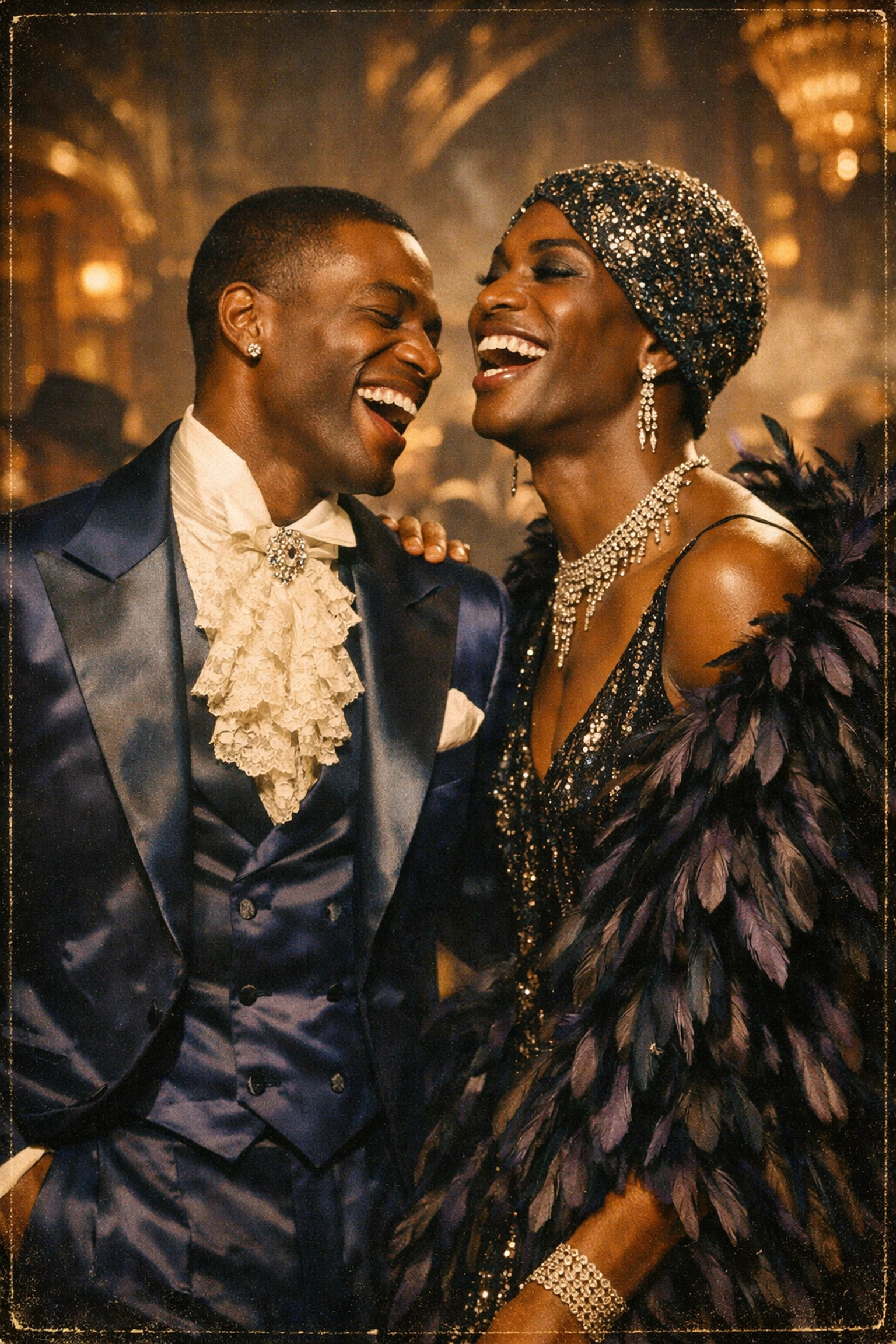 Black queer performers in 1920s drag and tuxedo at a Harlem Renaissance ballroom event for historical MM romance.