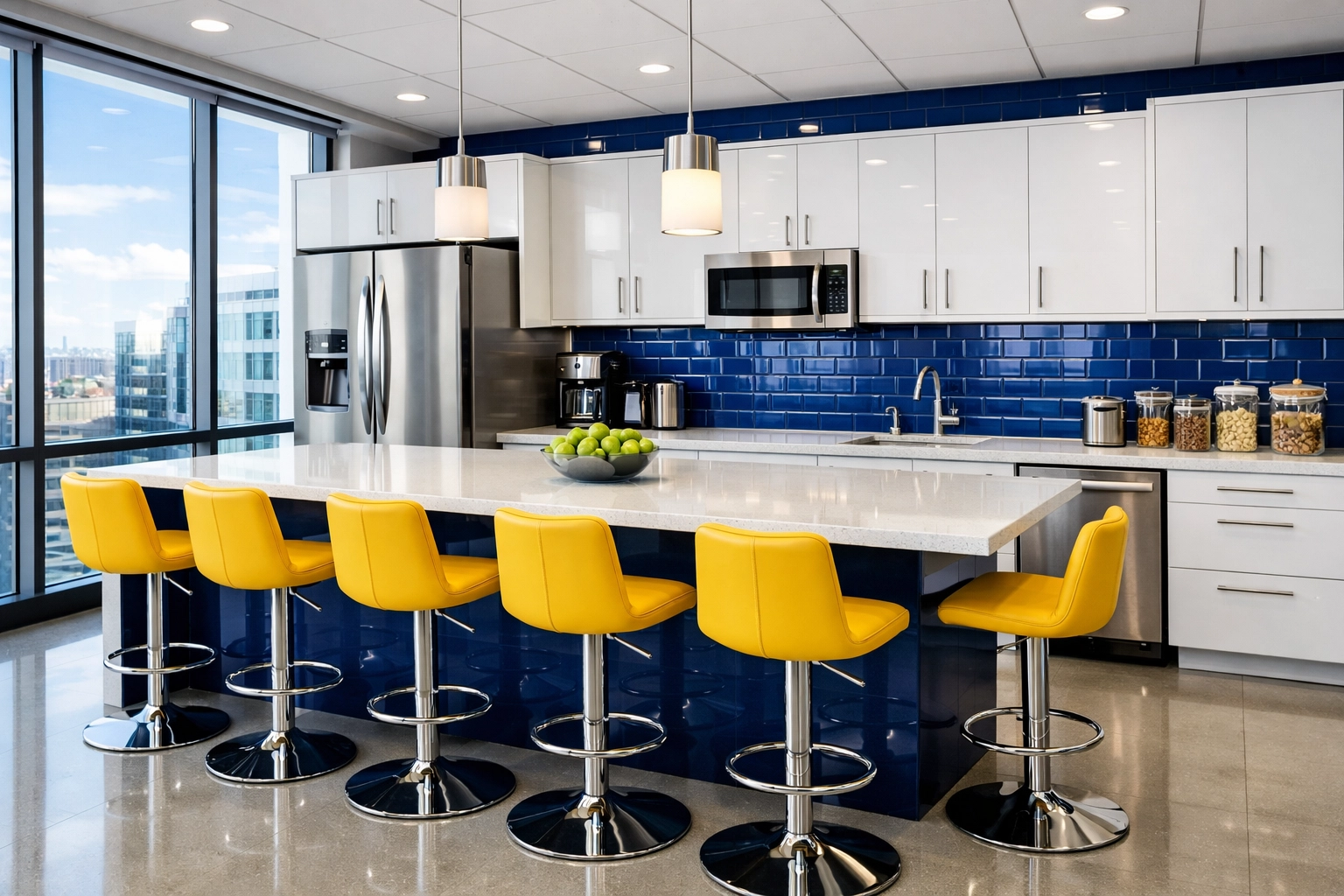 Sanitized modern office breakroom in Woburn with gleaming countertops and clean surfaces.