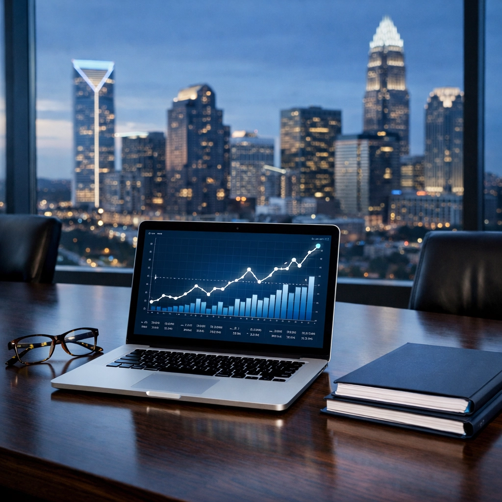 Professional business valuation services and growth charts shown in a Charlotte NC office.