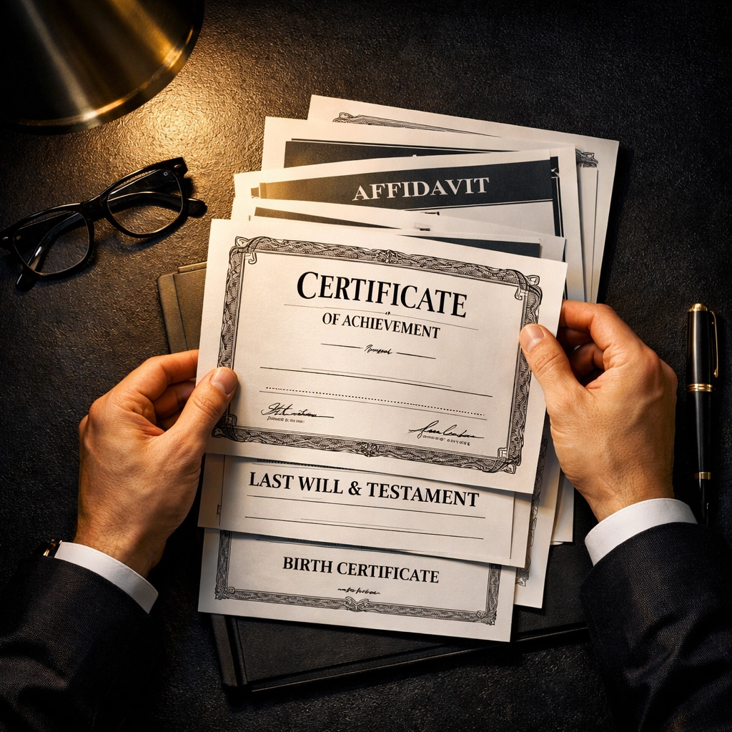 Person organizing legal records and documents for an NYC concealed carry permit application.