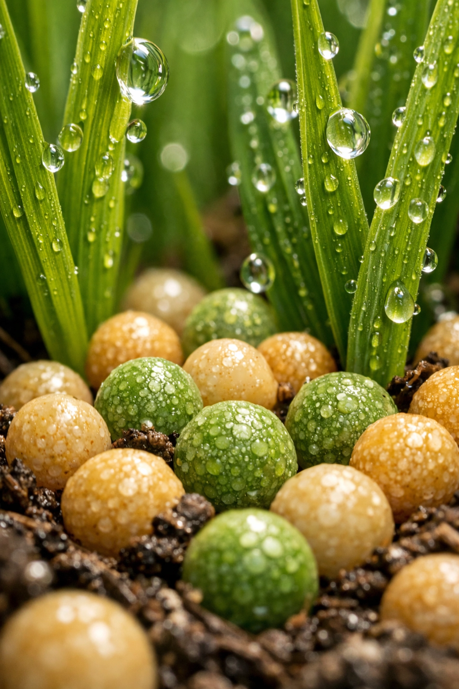 Professional slow-release fertilizer granules applied to a lush green lawn for long-term health.