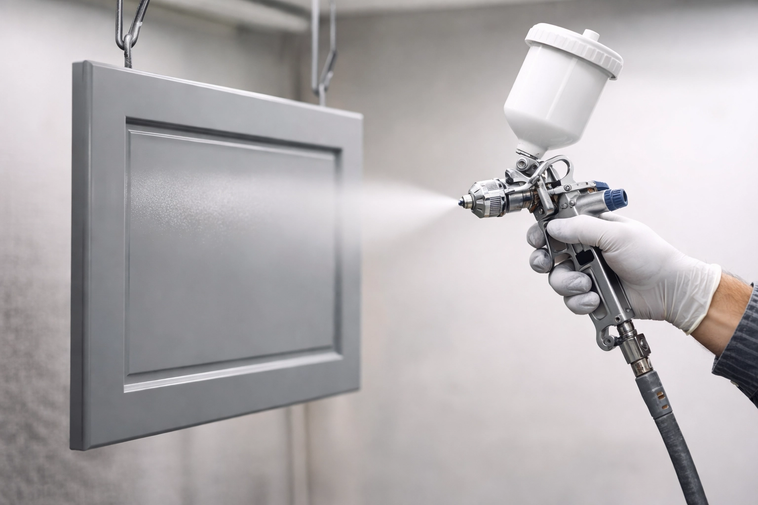 Spray painting a kitchen cabinet door with lacquer for a flawless, mirror-gloss finish