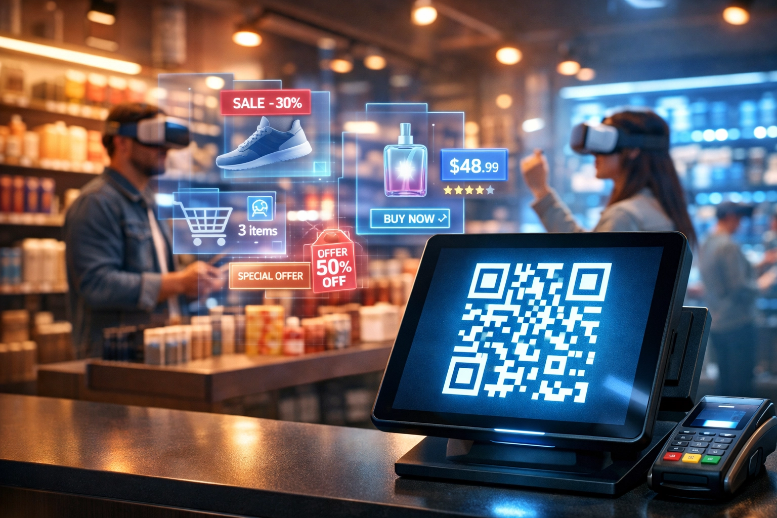 Retail store QR code point-of-sale terminal with AR shopping overlay and VR headset customers