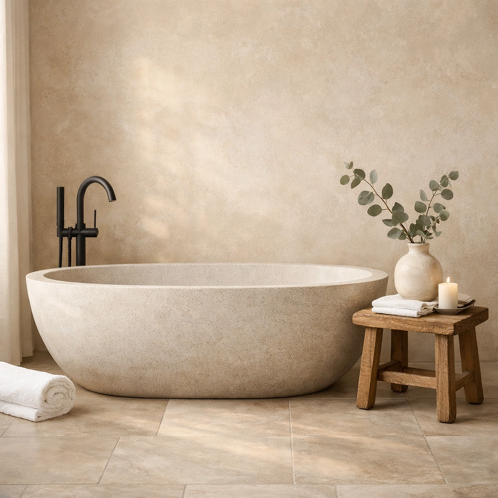 Serene bespoke bathroom design in Nottingham with a stone soaking tub and neutral spa-like finishes.