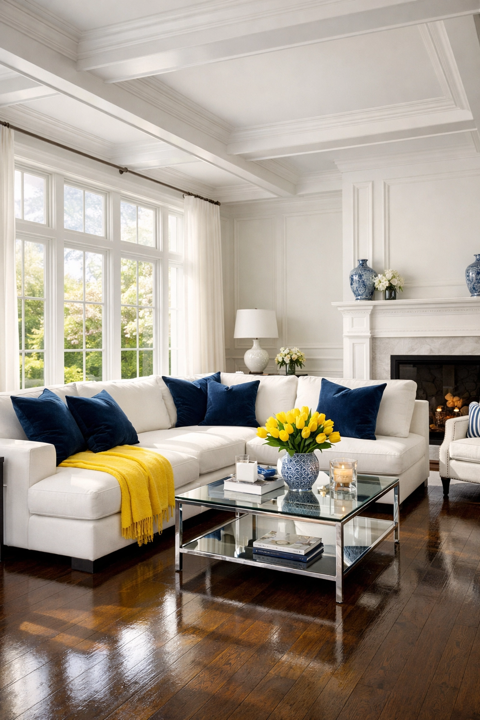 A refreshed Massachusetts living room after a luxury house cleaning MA reset with polished hardwood floors.