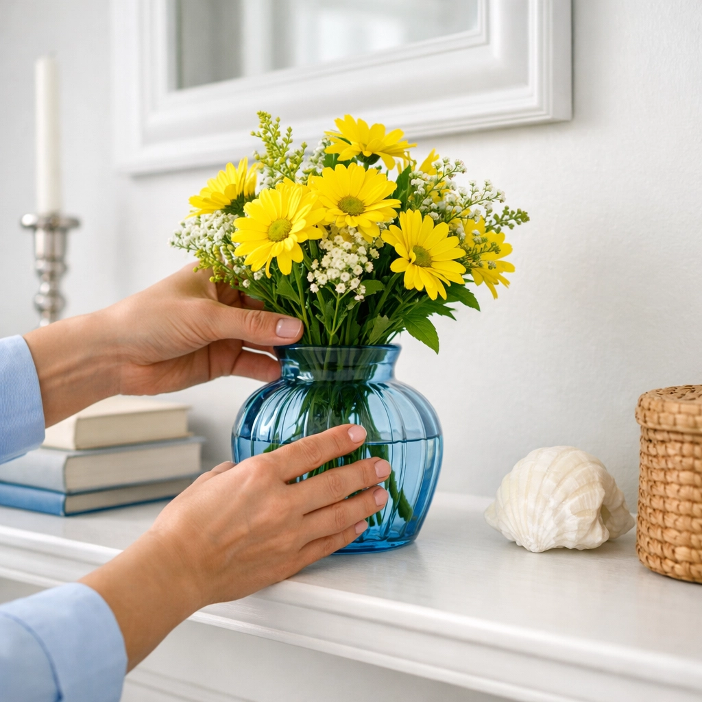 Fresh yellow flowers on a perfectly dusted shelf in a clean, eco-friendly New England home.