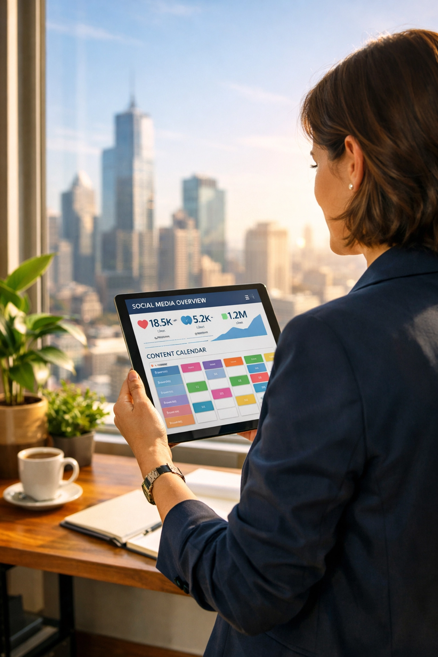 Business owner reviewing social media metrics and content strategy for building online authority