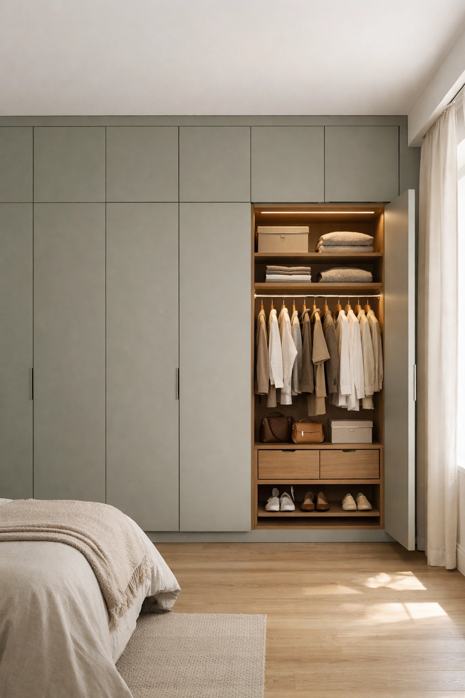 Bespoke fitted wardrobe system with organized storage in Derby bedroom renovation