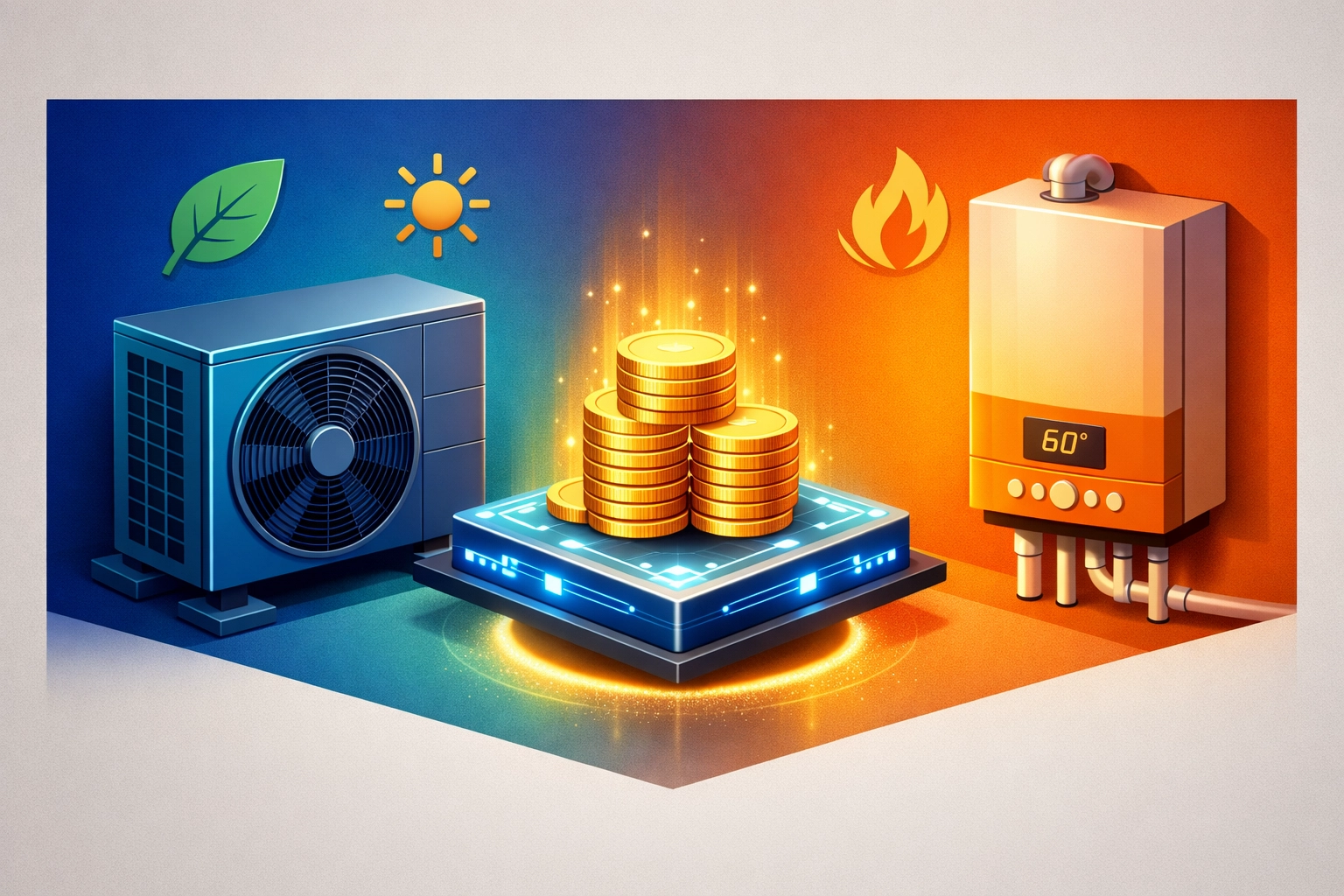 Comparison of air source heat pumps and gas boilers showing energy efficiency and heating cost savings.