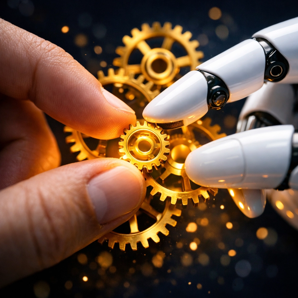 Human and robotic hands collaborating on golden gears representing AI advertising efficiency.