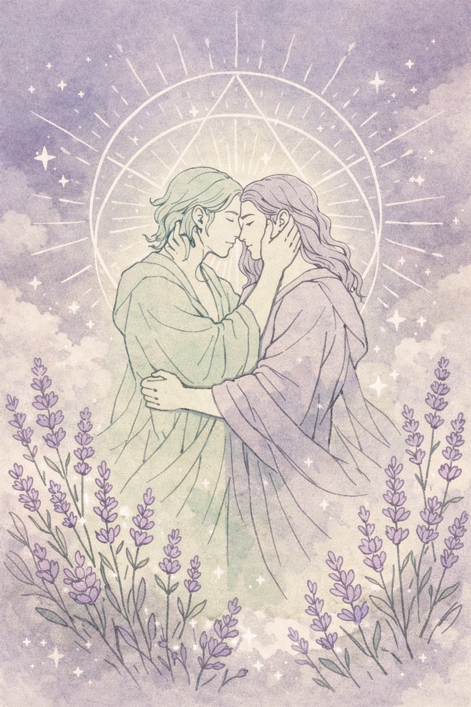 Divine male figures embracing in cosmic setting surrounded by lavender flowers and stars