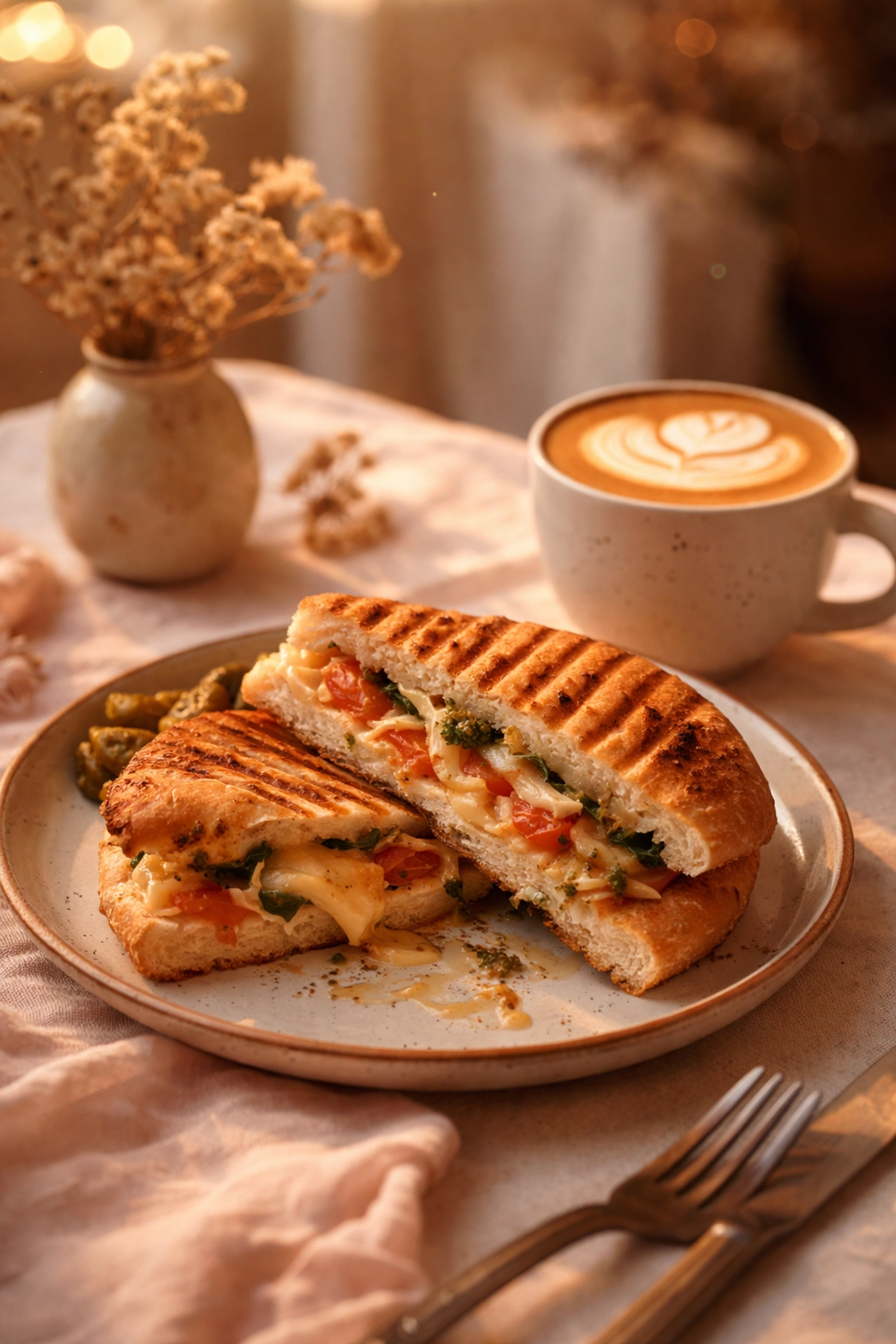 Homemade panini with melted cheese and a latte at a cozy independent cafe in Felixstowe