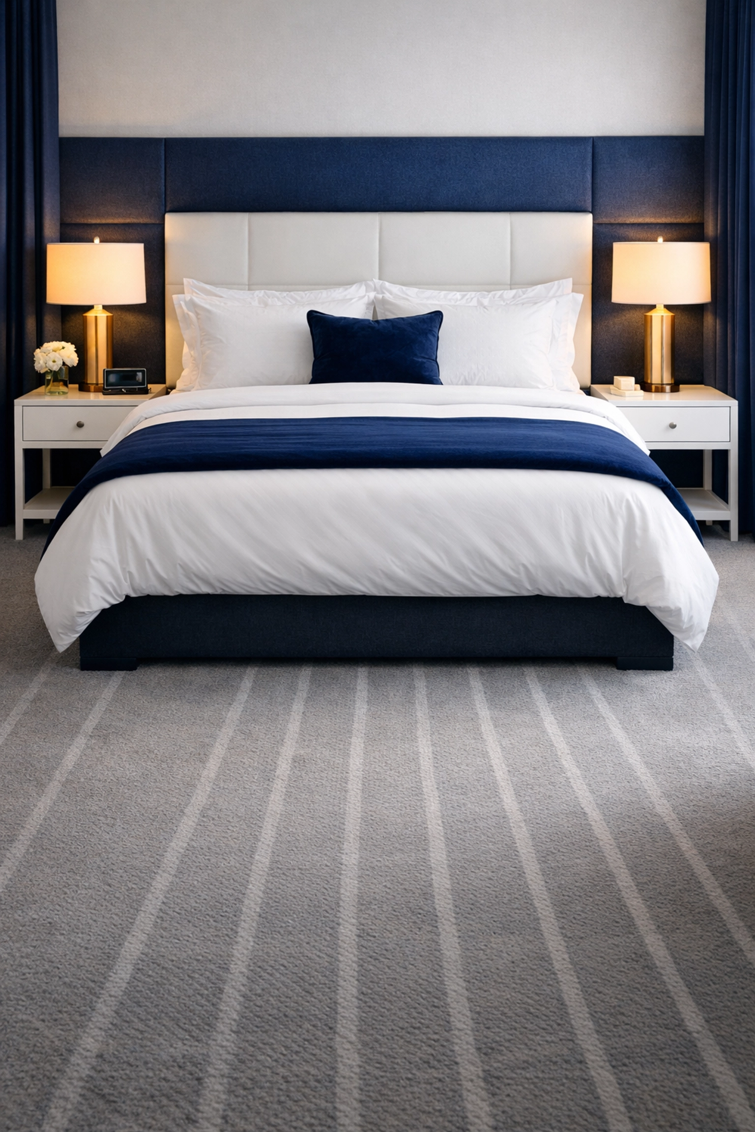 Pristine bedroom with fresh linens and vacuumed carpet from residential cleaning in Leominster MA.