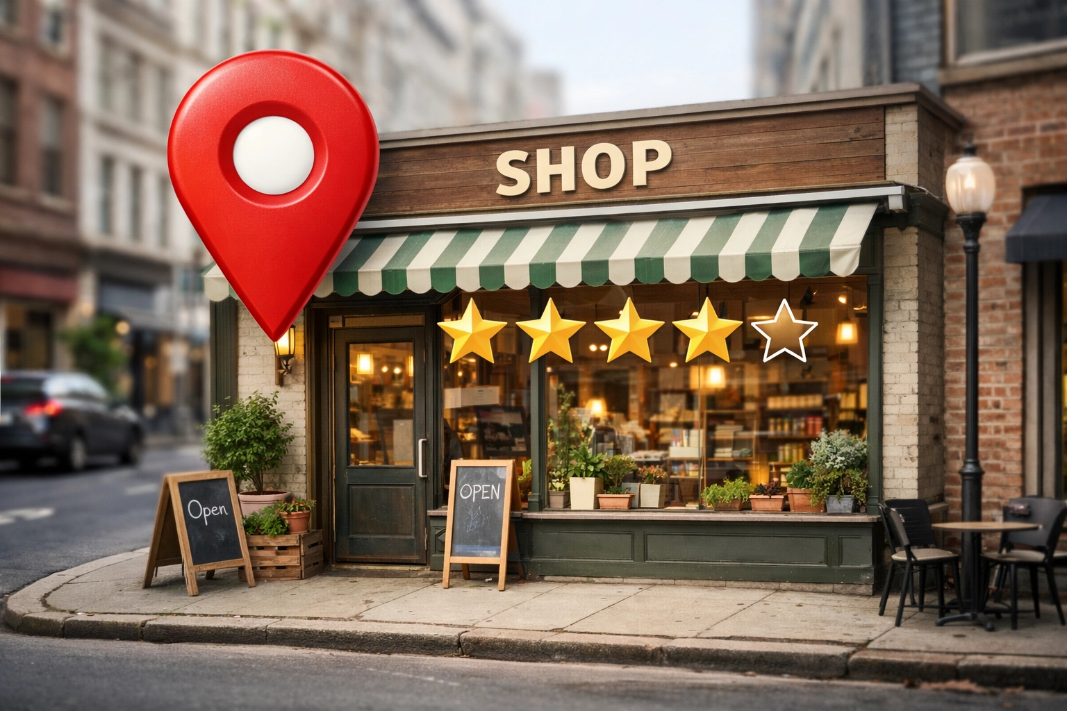 Local storefront with a map pin and review stars representing local SEO visibility