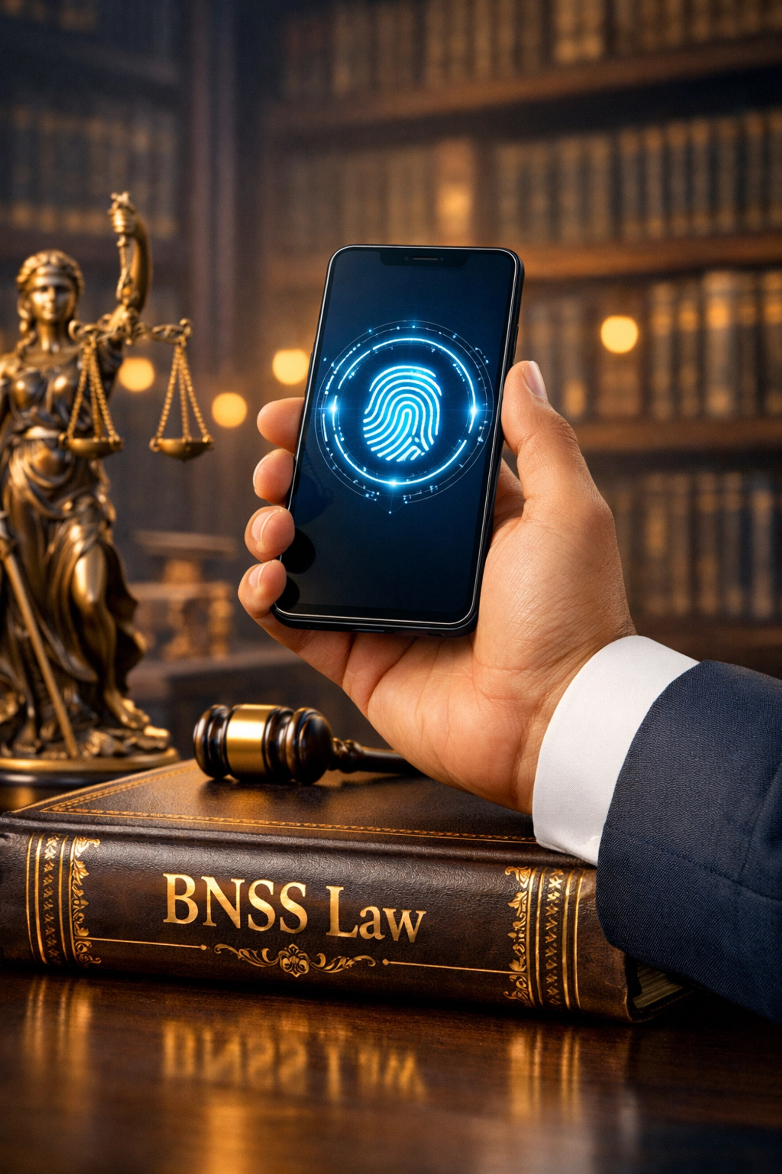 Digital biometric verification on a smartphone representing modern BNSS and Indian property law reforms.