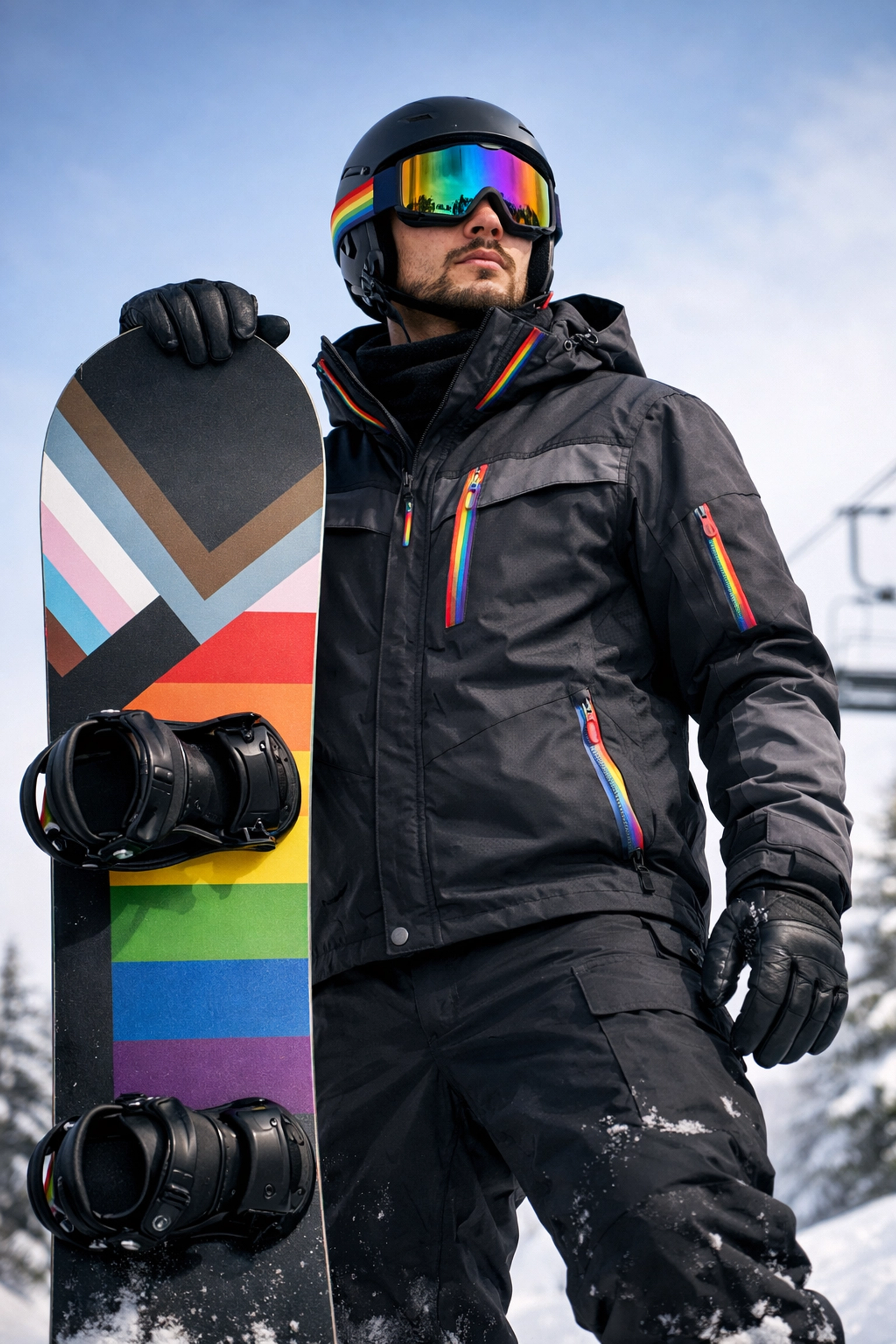 A confident snowboarder posing with a pride-themed board and technical winter gear on a snowy mountain.