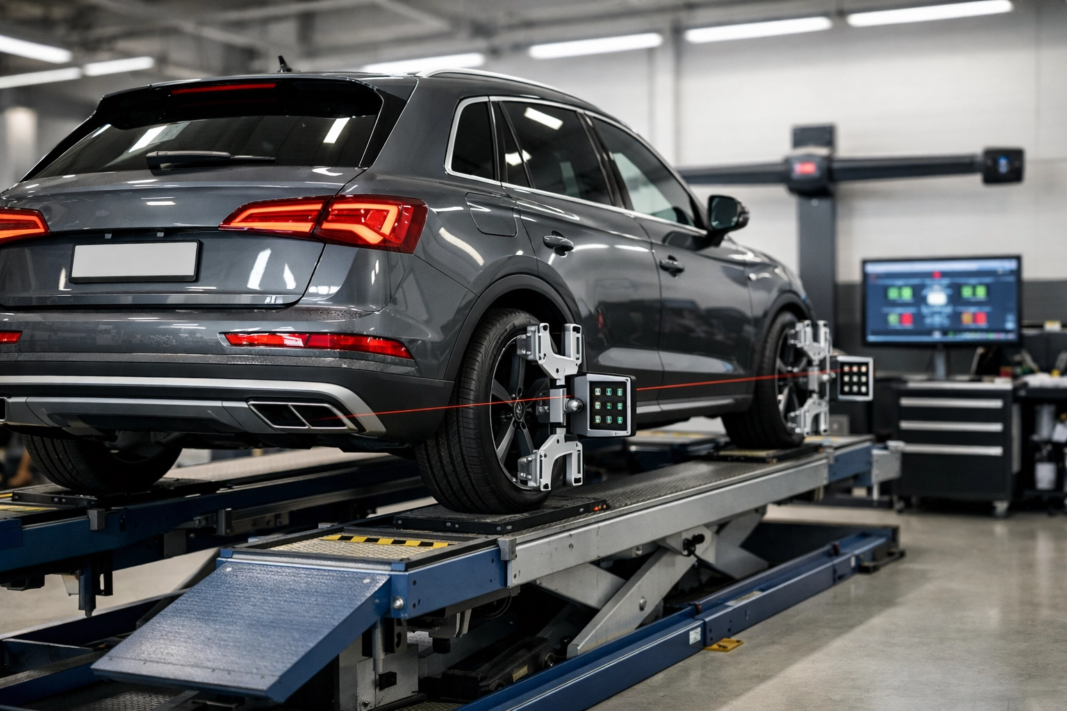Luxury vehicle undergoing precision wheel alignment and sensor calibration at an Aventura FL auto repair shop.