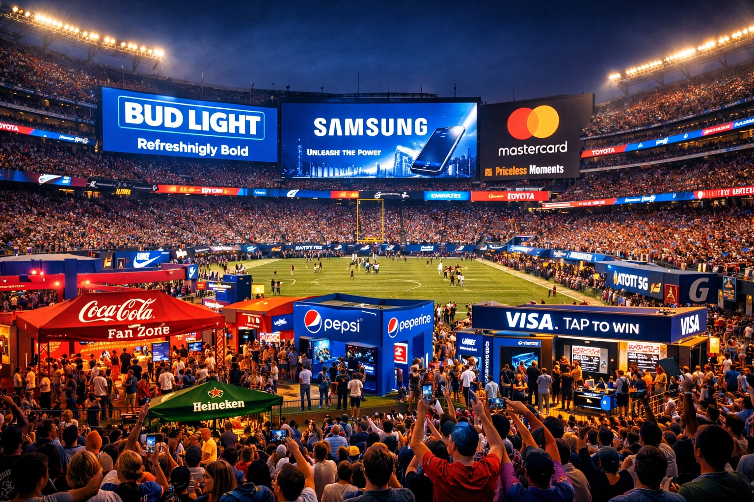 Sports stadium showcasing integrated brand activation across venue signage and digital displays
