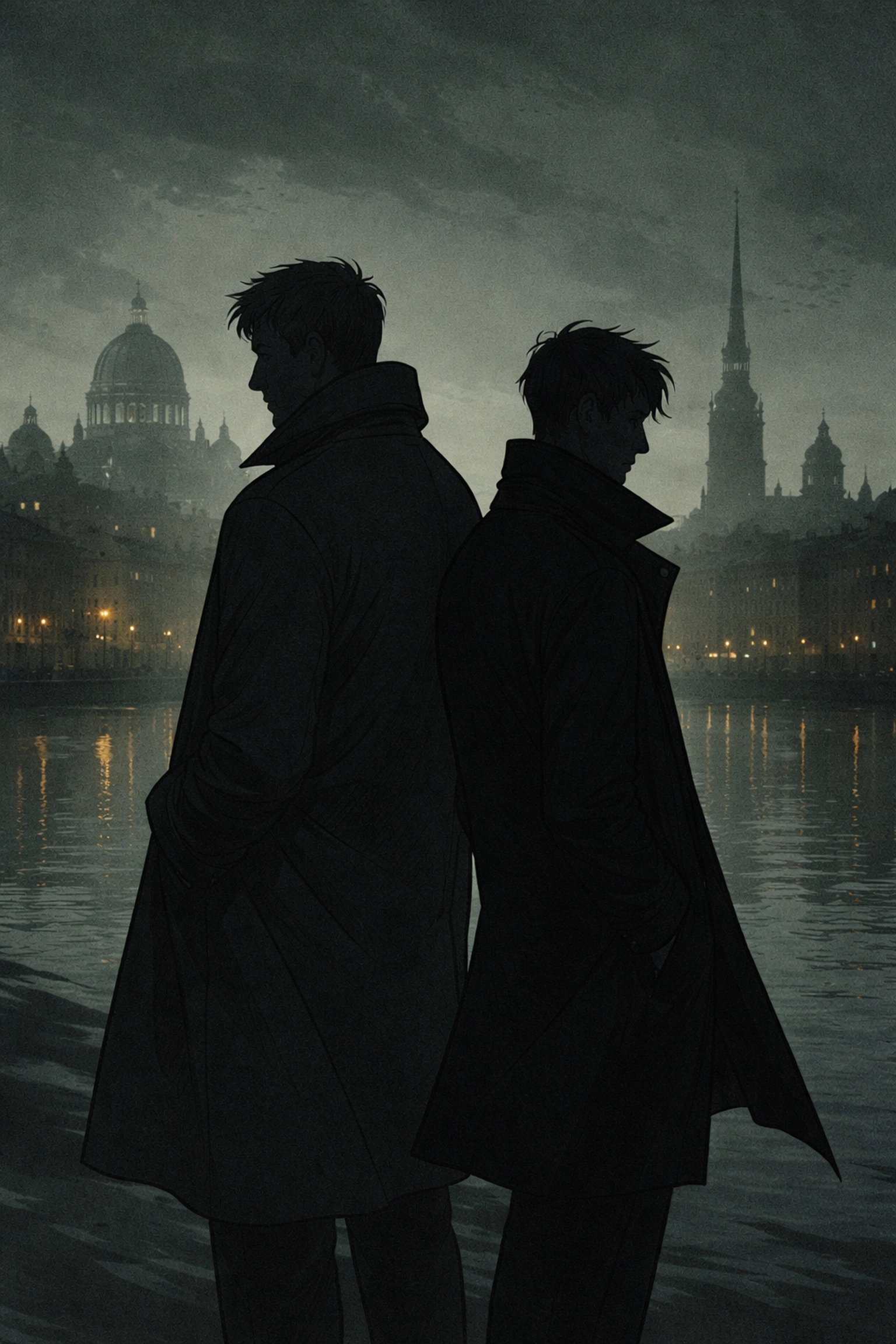 Two men stand back-to-back against the St. Petersburg skyline at dusk, symbolizing the rivals-to-allies theme of The Crimson Compact spy thriller.