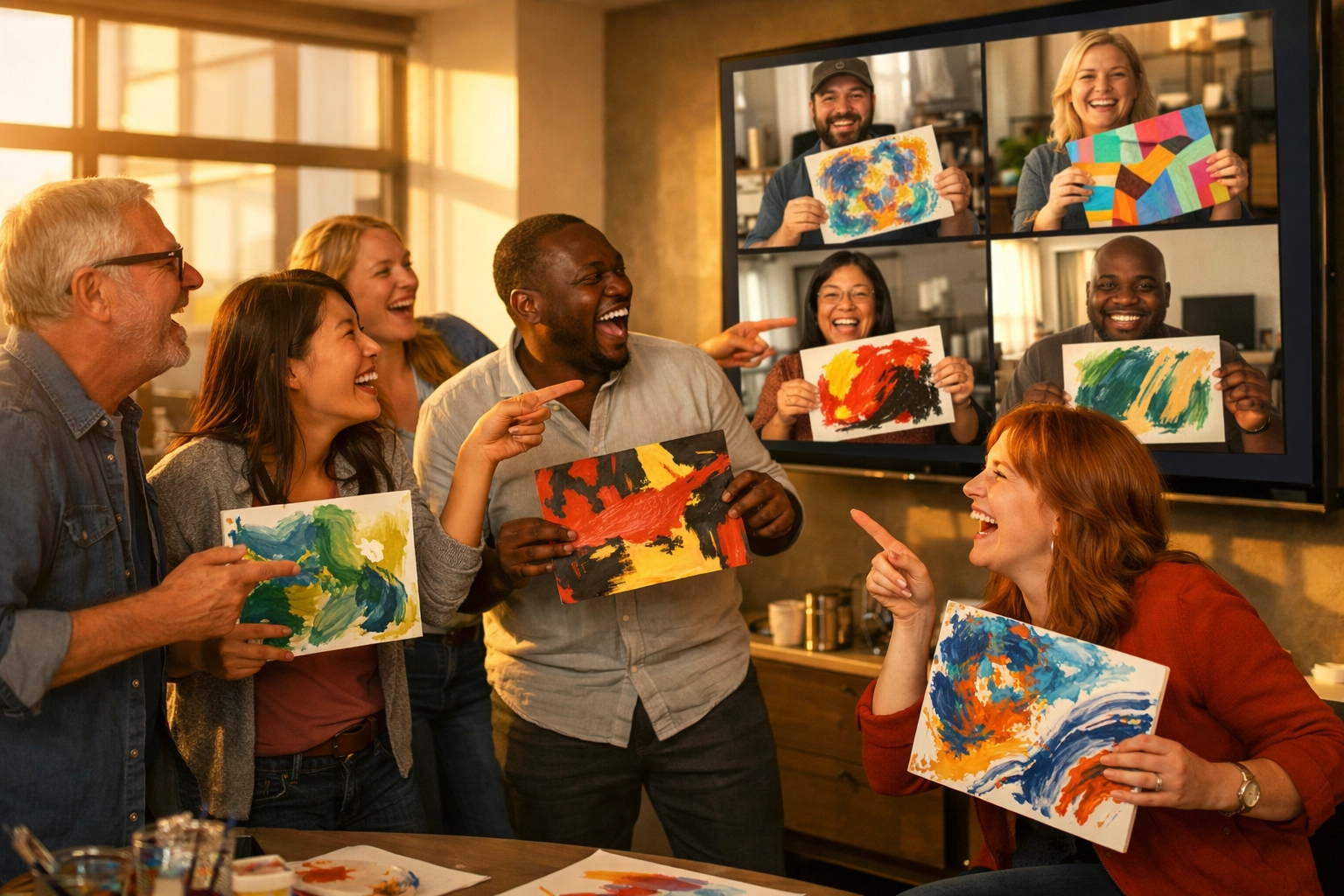 Hybrid employees sharing finished art to illustrate the success of corporate creative wellbeing programs.