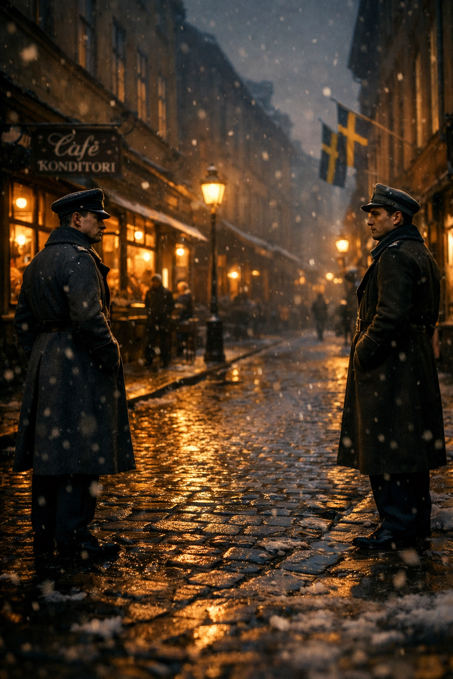 Two men exchange glances across cobblestone street in neutral Sweden during WWII