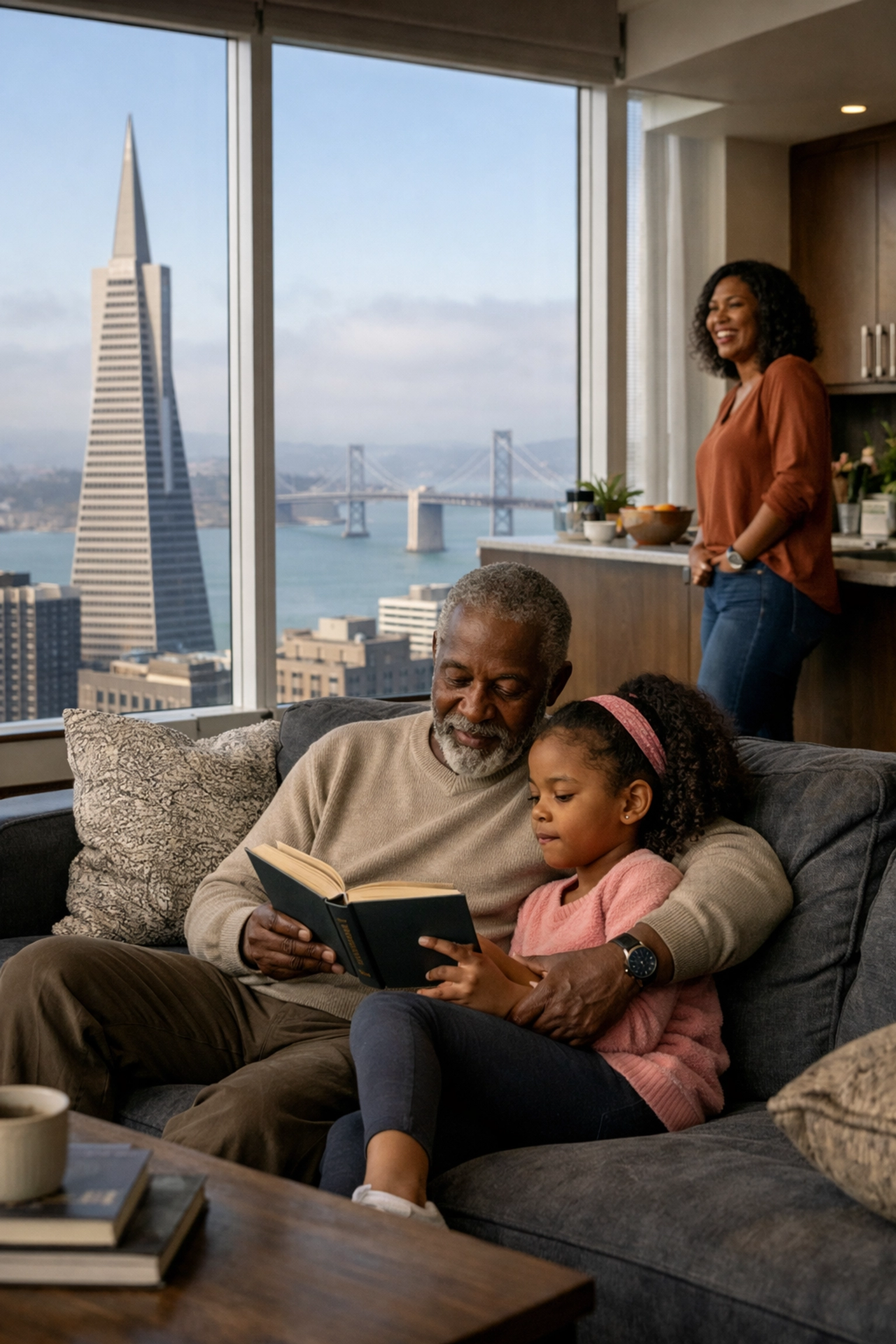 Family in a luxury five-bedroom San Francisco apartment designed via high-end general contracting.