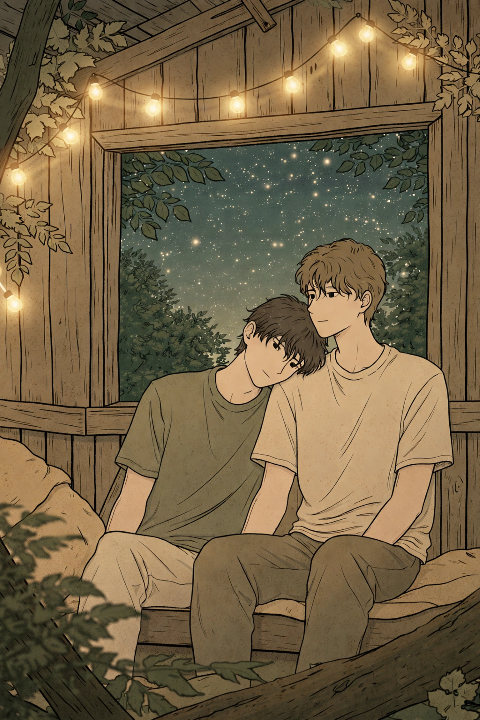 Two young men snuggled together in a cozy treehouse at night, sharing a private, romantic moment beneath a starry sky.