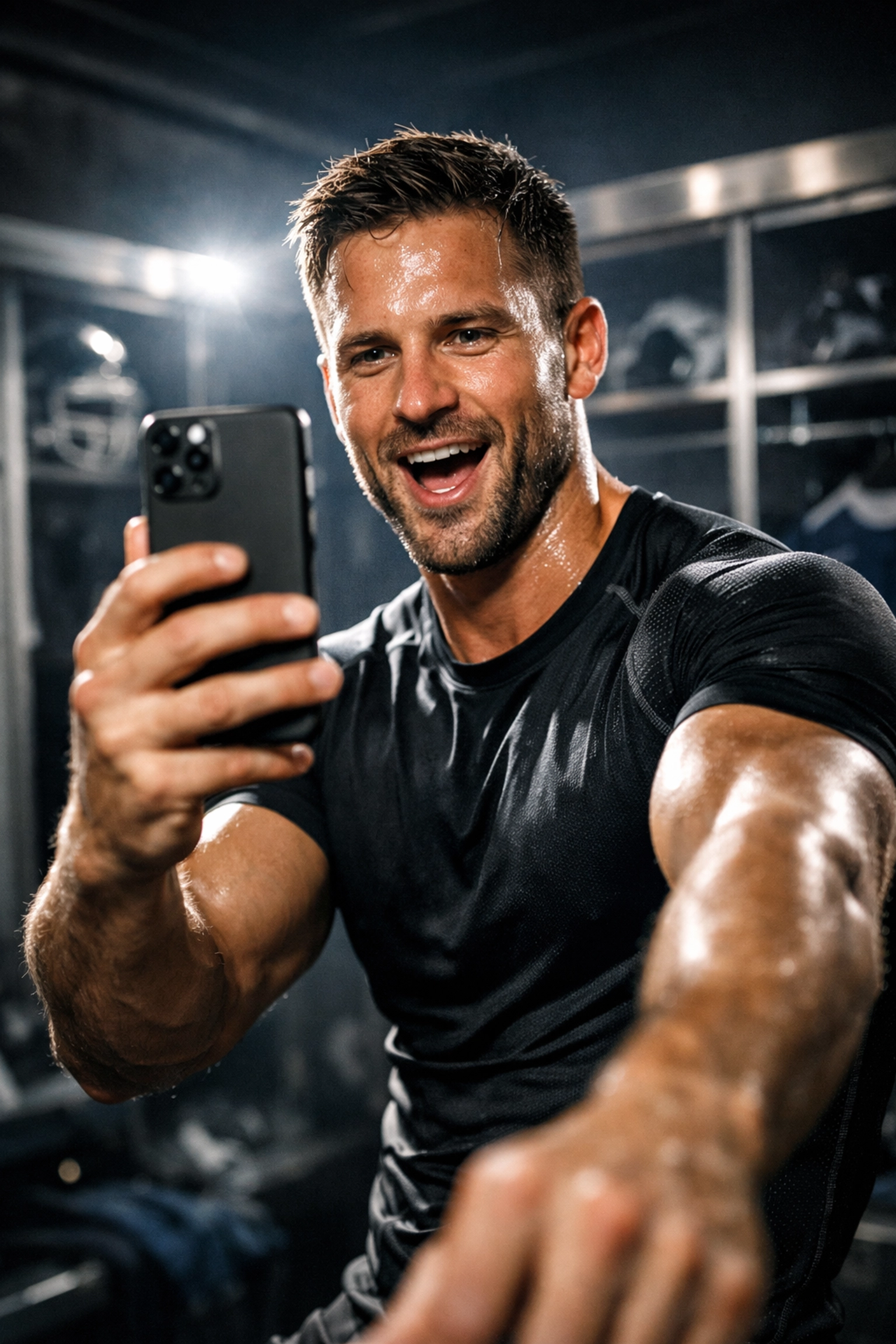 Professional athlete filming authentic behind-the-scenes NIL content on a smartphone in a stadium locker room.