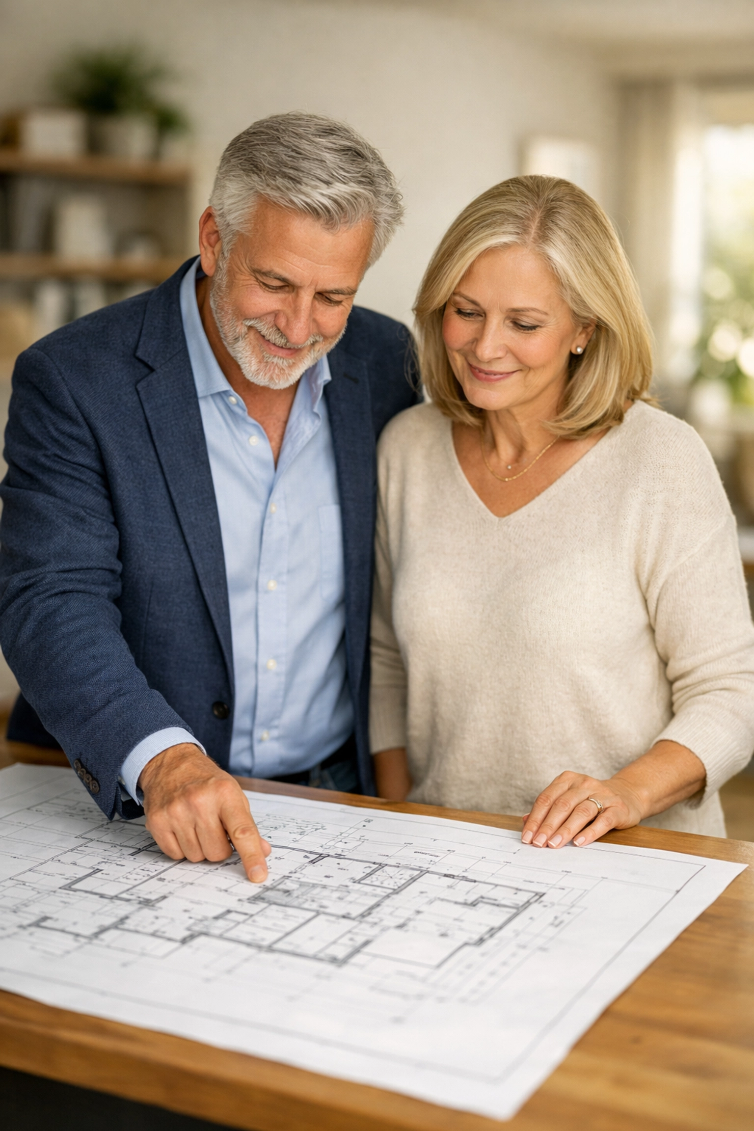 A confident couple reviewing a retirement architecture blueprint to engineer financial certainty and peace of mind. A confident couple reviewing a retirement architecture blueprint to engineer financial certainty and peace of mind.