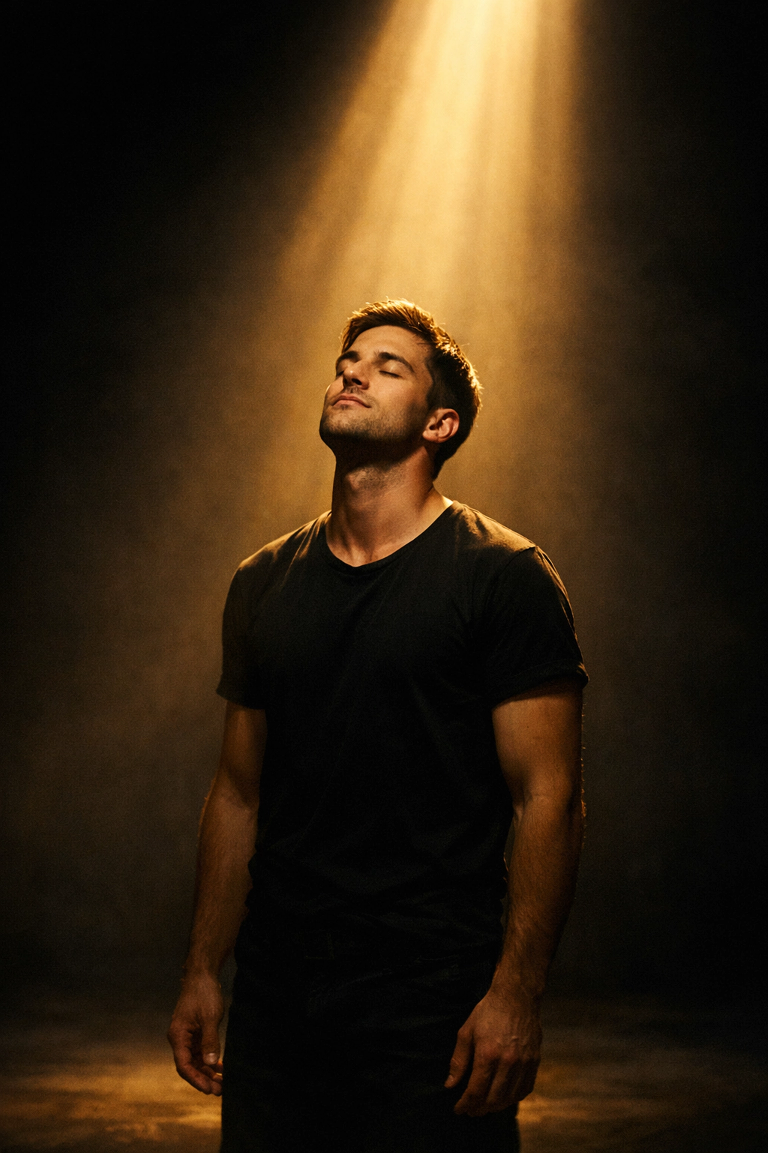 A gay man experiencing spiritual illumination and inner peace, standing in a warm beam of light.