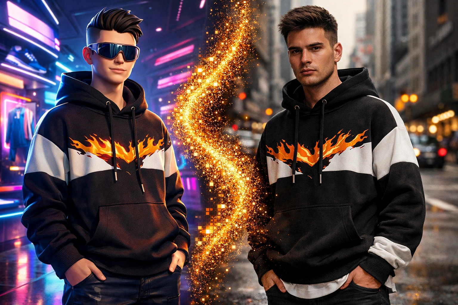 Digital avatar and real-life person wearing matching streetwear to illustrate Larecoin phygital metaverse shopping.