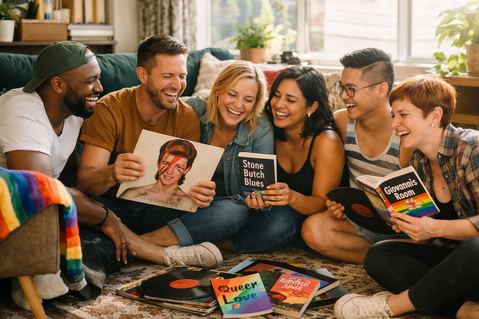 LGBTQ+ friends sharing records and gay novels, celebrating community and chosen family.