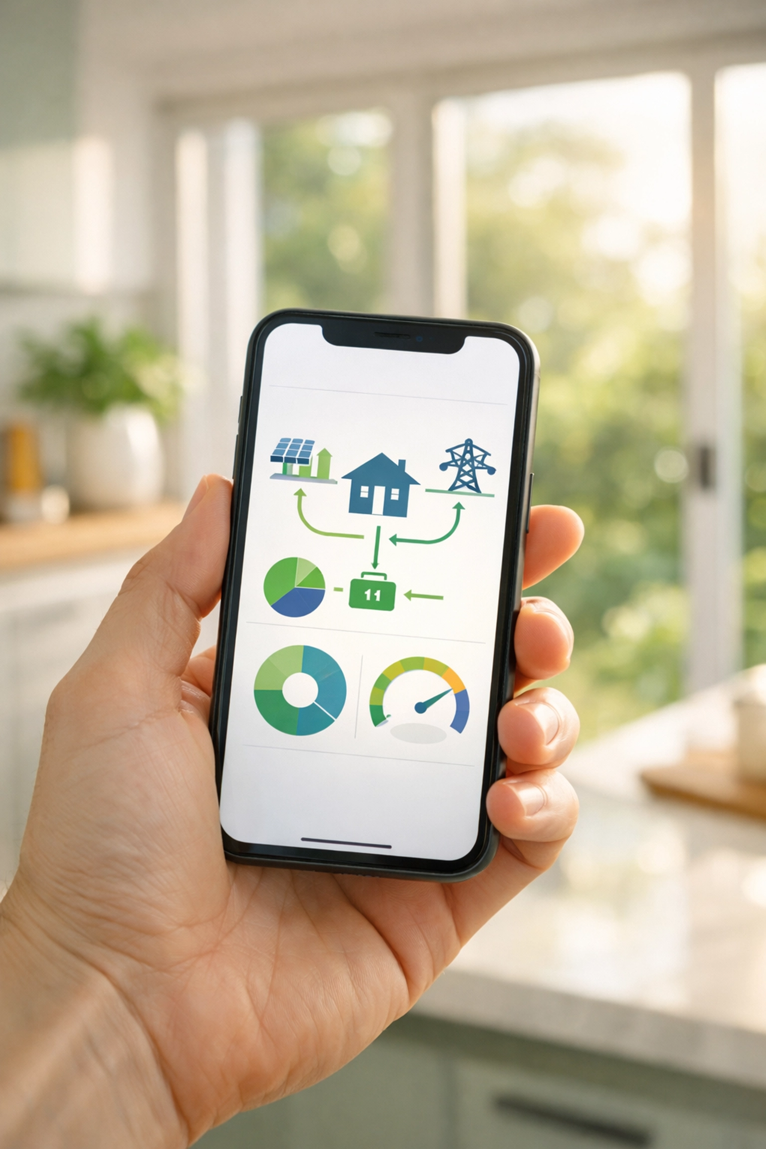 Monitoring solar energy flow and smart battery storage usage on a smartphone app in a modern kitchen.