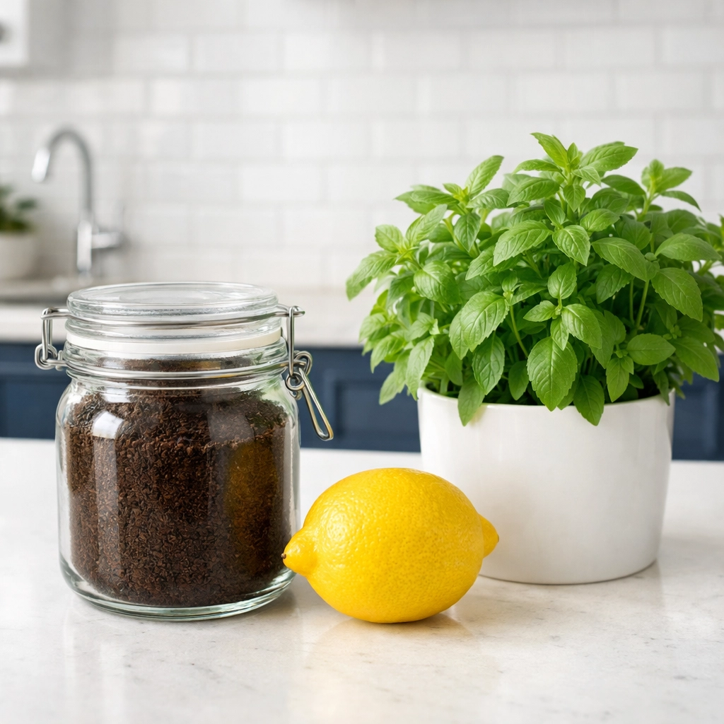 Natural cleaning supplies including coffee grounds and fresh lemon in a modern kitchen.