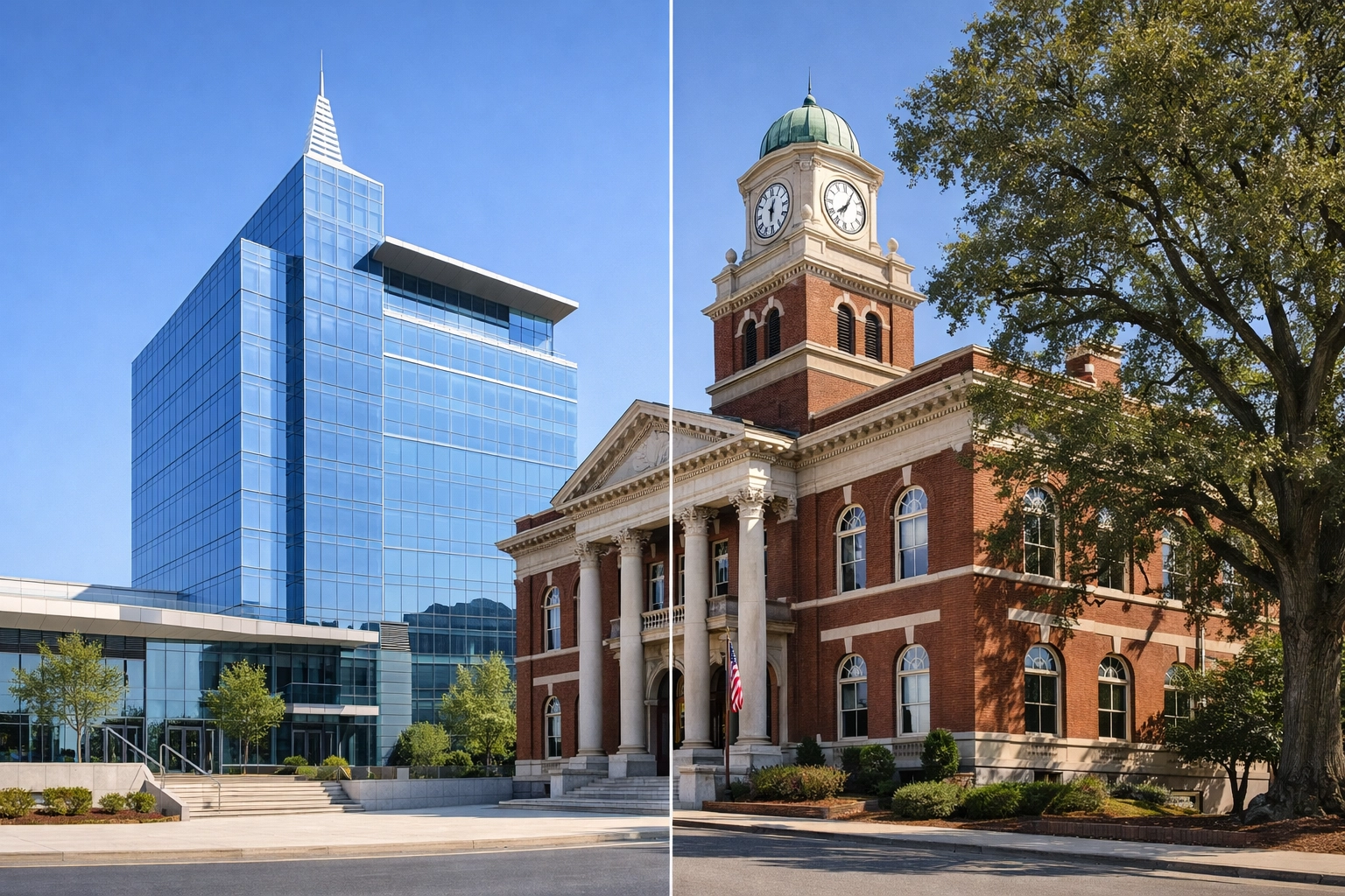 Contrast between modern NC Triangle buildings and historic Piedmont Triad architecture.