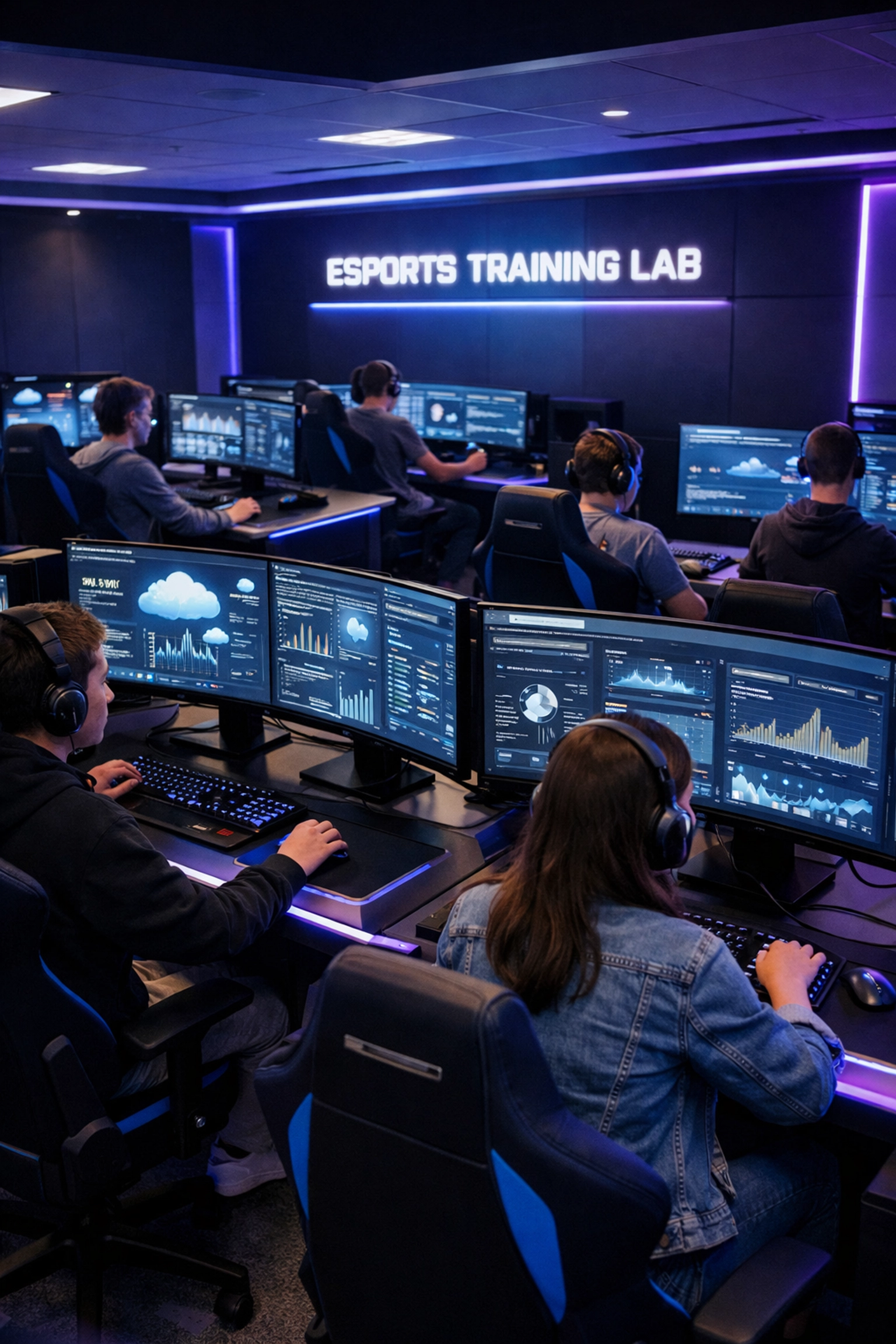 EsportsPod learning lab with students engaged in technical training at gaming workstations