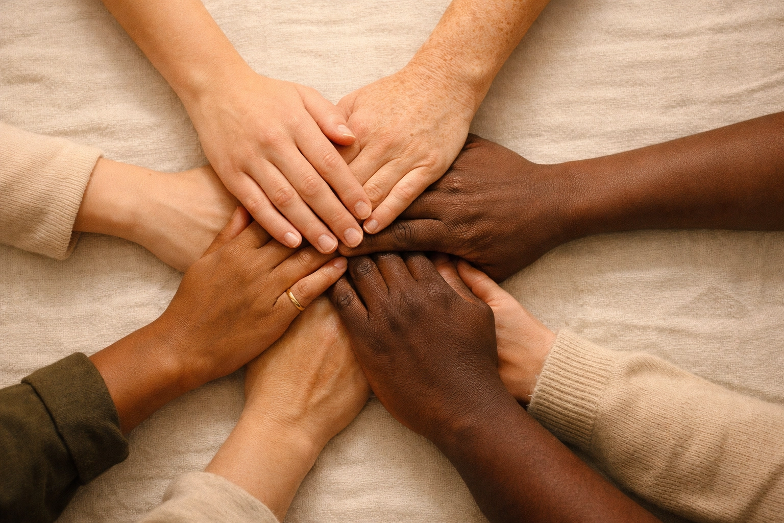 Diverse hands joined in a circle of unity, representing community support for persecuted Iranian Christians.