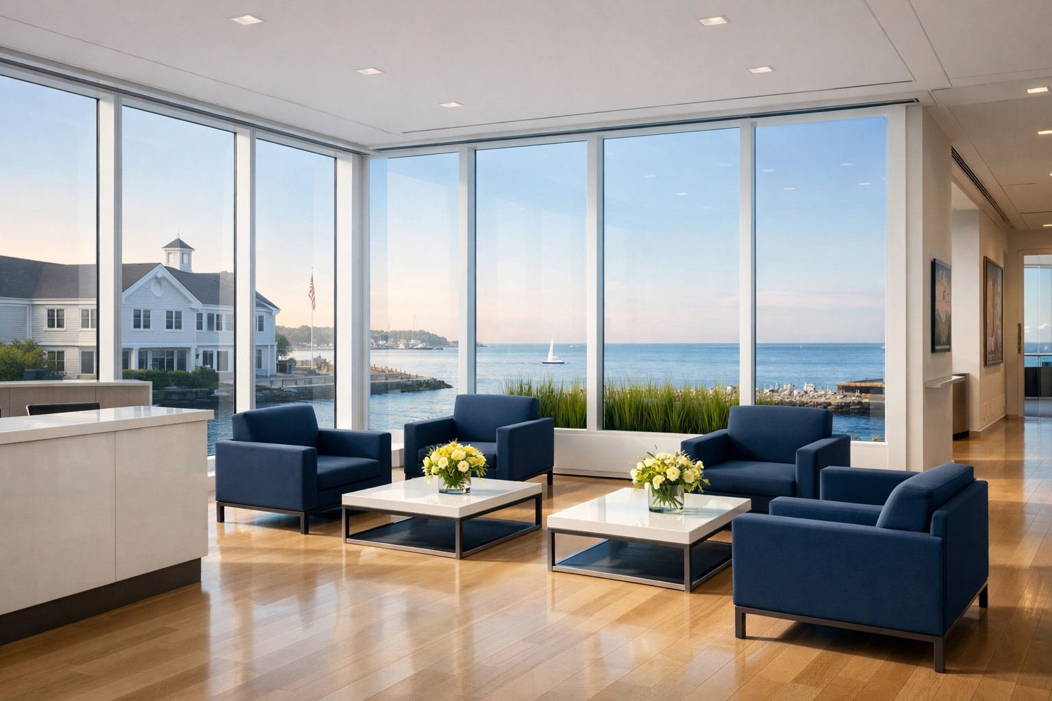 Reliable janitorial cleaning for a modern, professional office lobby in Swampscott, MA.