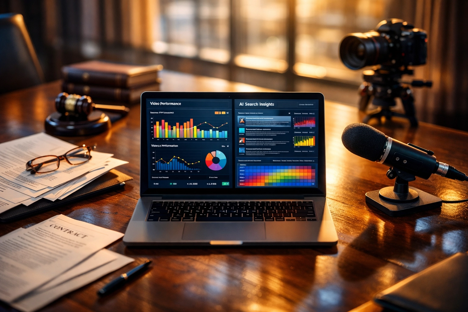 Law firm video analytics dashboard showing AI search performance and production equipment
